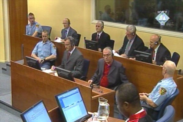 Jadranko Prlic, Milivoj Petkovic, Bruno Stojic, Slobodan Praljak, Valentin Coric and Berislav Pusic in the courtroom