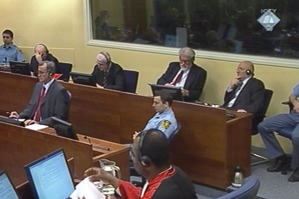 Jadranko Prlic, Milivoj Petkovic, Bruno Stojic, Slobodan Praljak and Valentin Coric in the courtroom