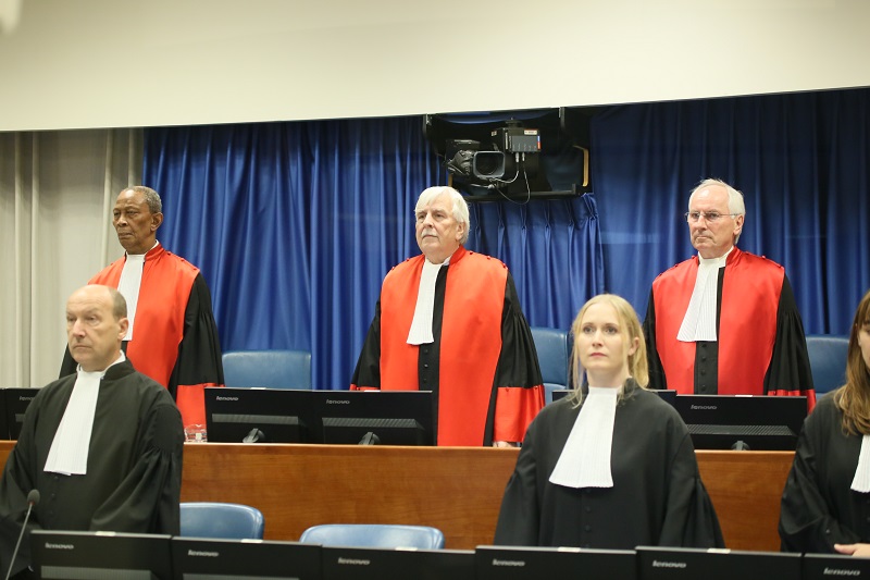 Trial Chamber judges Bakone Moloto, Alphons Orie and Christoph Flügge before rendering the judgement to Ratrko Mladić